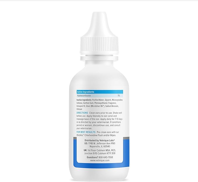 Vetnique Oticbliss Cat & Dog Ear Infection Treatment Drops - with 1% Hydrocortisone & MicroSilver BG for Dog Yeast Ear Infections - Vet Recommended Cat & Dog Ear Cleaner for Itchy Ear Relief