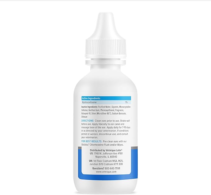 Vetnique Oticbliss Cat & Dog Ear Infection Treatment Drops - with 1% Hydrocortisone & MicroSilver BG for Dog Yeast Ear Infections - Vet Recommended Cat & Dog Ear Cleaner for Itchy Ear Relief