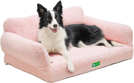 MEWOOFUN 34.6" Orthopedic Dog Bed Sofa for Small Medium Dogs, Egg- Foam Dog Couch with Removable Washable Cover and Non-Slip Bottom (Large, Pink)