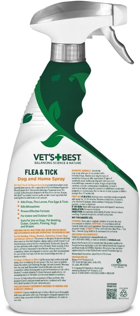 Vet's Best Flea and Tick Home Spray - Dog Flea and Tick Treatment for Home - Plant-Based Formula - Certified Natural Oils,Green - 32 oz