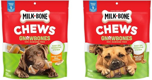 Milk-Bone Rawhide Free Gnawbones Dog Treats Bundle: Chicken + Peanut Butter & Chicken 5 Count Small/Medium Knotted Bones (Pack of 2)