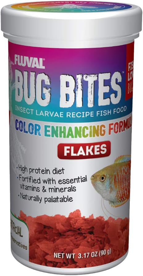 Fluval Bug Bites Color Enhancing Fish Food for Tropical Fish, Flakes for Small to Medium Sized Fish, 3.17 oz., A7348, Brown