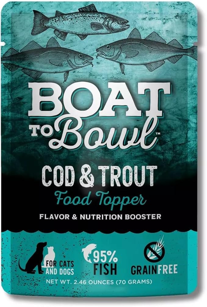 Cod and Trout Fish Food Topper Wet Cat and Dog Food | Entice Picky Eaters | Rich in Omega-3s | 6 Pack of 2.46oz Pouches