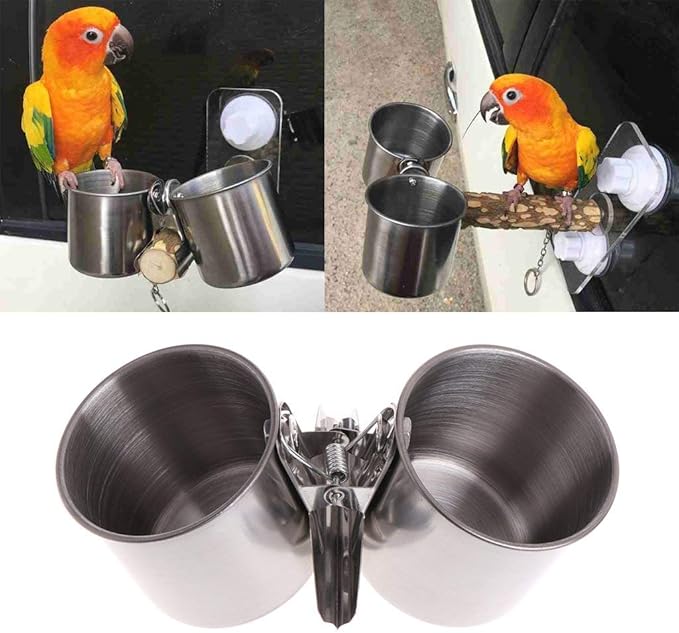 Hypeety Bird Parrot Feeding Double Cups Stainless Steel Food Water Bowls with Clip Bird Seed Feeder Cups Hanging Bowl Cage Stand Accessories