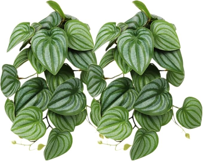 2Pack Reptile Fake Plants for Terrarium, Snake Tank Accessories, Habitat Decor Artificial Hanging Plants with Suction Cup - Fake Calathea Orbifolia