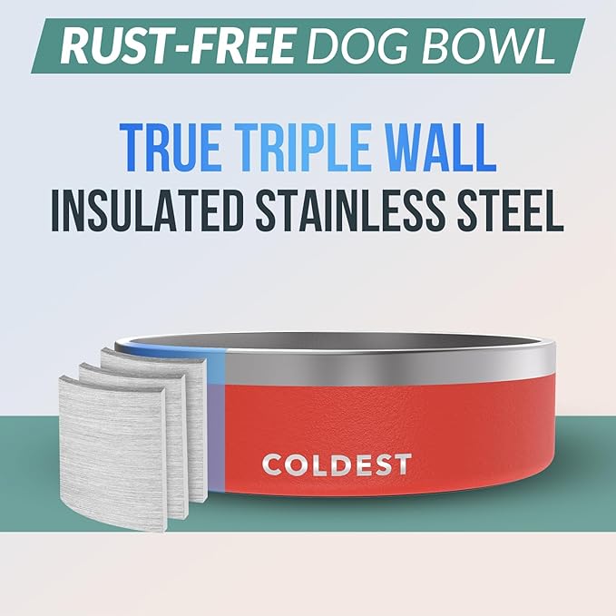 Coldest Dog Bowl - Anti Rust Metal & Non Slip Dog Bowls Large, Spill Proof Heavy Duty 3 Layers Insulated Dog Bowl - Food and Water Bowl for Dogs, Cats & Pets, Dishwasher Safe (42 oz, Crimson Red)