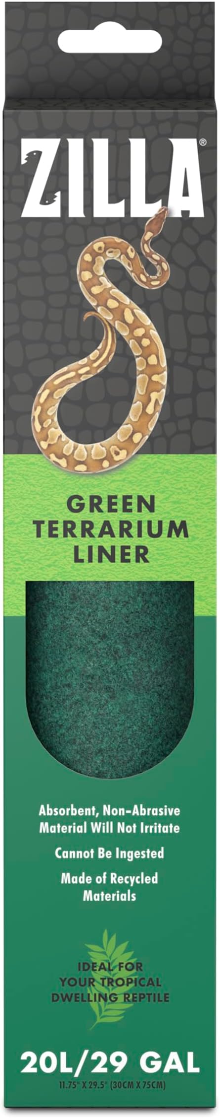 Zilla Reptile Terrarium Liner, Odor Reducing, Non-irritating, Ideal for Juvenile Reptiles and Tropical Habitats, Green, Fits Tank Size 20L/29 Gallon, 11.75” x 29.5”