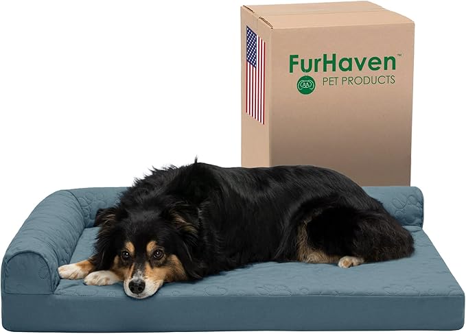 Furhaven Cooling Gel Dog Bed for Large/Medium Dogs w/ Removable Bolsters & Washable Cover, For Dogs Up to 55 lbs - Pinsonic Quilted Paw L Shaped Chaise - Bluestone, Large