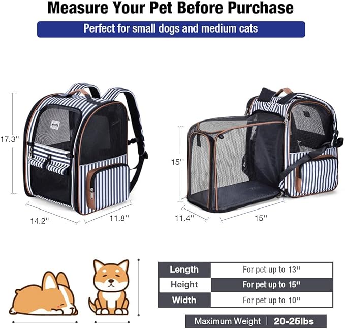 Lekebobor Extra Large Cat Backpack Carrier Expandable Pet Carrier Backpack for Small Dogs Medium Cats Fit Up to 18 Lbs, Dog Backpack Carrier, Foldable Puppy Backpack Carrier for Travel, Hiking,Striped