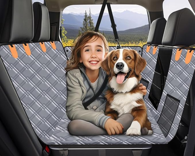 Back Seat Extender for Dogs, Dog Car Seat Cover Hard Bottom, Pet Seat Cover with Mesh Window, Dog Seat Covers for Car Travel Camping, Dog Hammock for Car, Truck, Dog Trunk Cover for SUV Grey