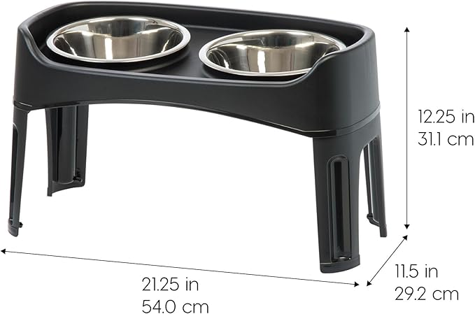 IRIS USA Elevated Dog Bowls, Adjustable Height, 2 Thick 64 oz Stainless Steel Bowls, Spill-Proof with Raised Outer Rim, Durable Made in USA Plastic, Easy Assemble, 2 Heights 4.63" or 12.25" Black