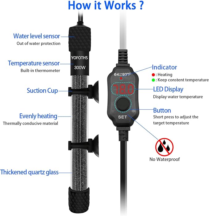 Small Submersible Aquarium Heater Submersible Small Fish Tank Heater 300W Digital Display Thermostat External Temperature Controller, for Tanks 40-60 Gallons (300W)