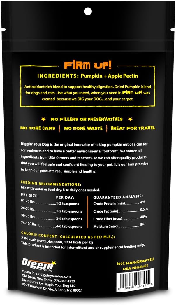 Diggin’ Your Dog Firm Up Pumpkin for Dogs & Cats, 100% Made in USA, Pumpkin Powder for Dogs, Digestive Support, Apple Pectin, Fiber, Healthy Stool, 8 oz