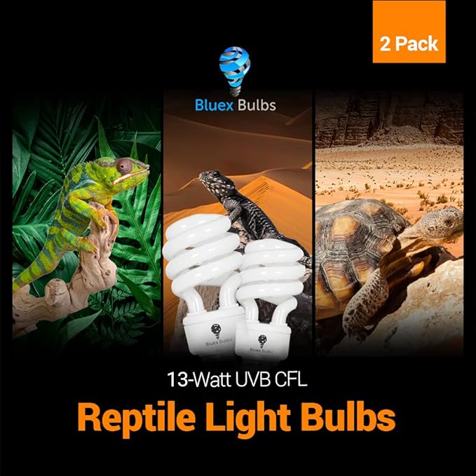 2 Pack 13-Watt Reptile Bulb Tropical UVA UVB Light - 5.0 UVB Reptile Light Compact Florescent Terrarium Bulb Suitable for Tropical & Sub-Tropical Reptiles Chameleons Reptile CFL UVB Bulb (13Watt 5.0)