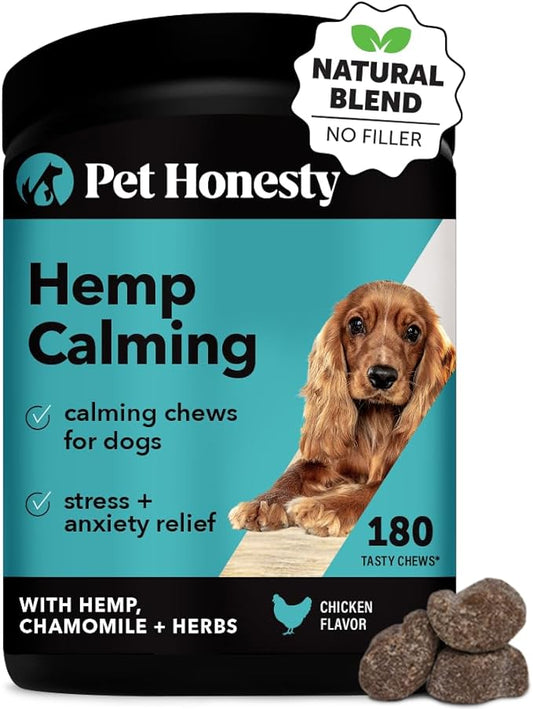 Pet Honesty Hemp Calming Chews for Dogs - Dog Anxiety Relief, Dog Calming Treats with Hemp + Valerian Root, Melatonin for Dogs - Helps Aid with Thunder, Fireworks, Chewing & Barking (Chicken 180 ct)