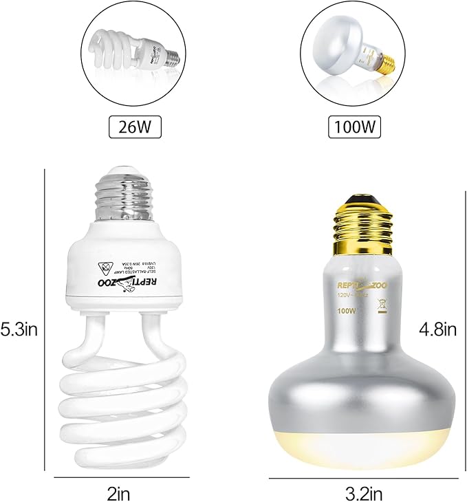 REPTIZOO Reptile Heat Lamp Combo Pack with Dual Reptile Light Fixture, 100W Intense Basking Spot Light UVA Daylight Heating Lamp & 26W Energy Saving UVA UVB Bulb Spiral Compact Bulb 10.0
