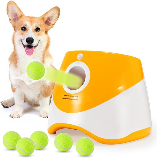 SOCO Automatic Ball Launcher for Small and Medium Dogs, USB Rechargeable Ball Thrower,10-30 Ft, Indoor& Outdoor Tennis Ball Thrower, 6PCS Mini Tennis Balls Included,Orange