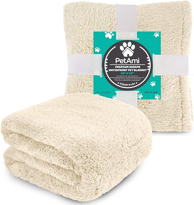 PetAmi Fluffy Waterproof Dog Blanket for Small Medium Dogs, Soft Warm Pet Sherpa Throw Pee Proof Couch Cover, Reversible Cat Puppy Bed Blanket Sofa Protector, Plush Washable Pad (Beige Cream, 29x40)