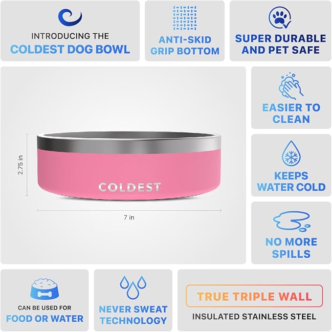 Coldest Dog Bowl - Anti Rust Metal & Non Slip Dog Bowls Large, Spill Proof Heavy Duty 3 Layers Insulated Dog Bowl - Food and Water Bowl for Dogs, Cats & Pets, Dishwasher Safe (42 oz,Cotton Candy Pink)