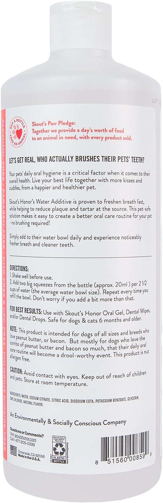 SKOUT'S HONOR: Oral Care Water Additive for Dogs & Cats - Peanut Butter & Bacon 32oz