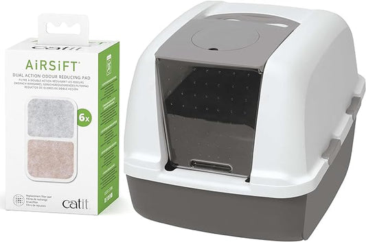 Bundle of Catit Jumbo Hooded Cat Litter Pan, Warm Gray + Catit Airsift Dual Action Air Purifier Pad, 6 Pack