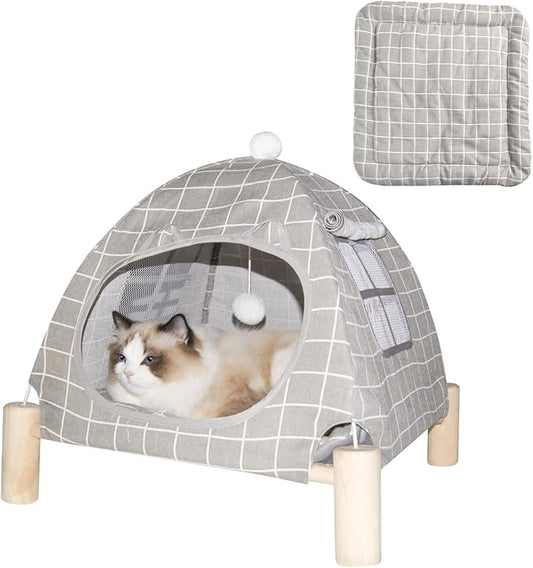 Pozico 2 in 1 Cat Bed Tent Wooden Frame Cat Teepee Cat Hammock, Quick Assembly and Disassembly, Portable Indoor/Outdoor Pet Dog Tent House for Cats Puppies Small Animals:Grey Grid Tent