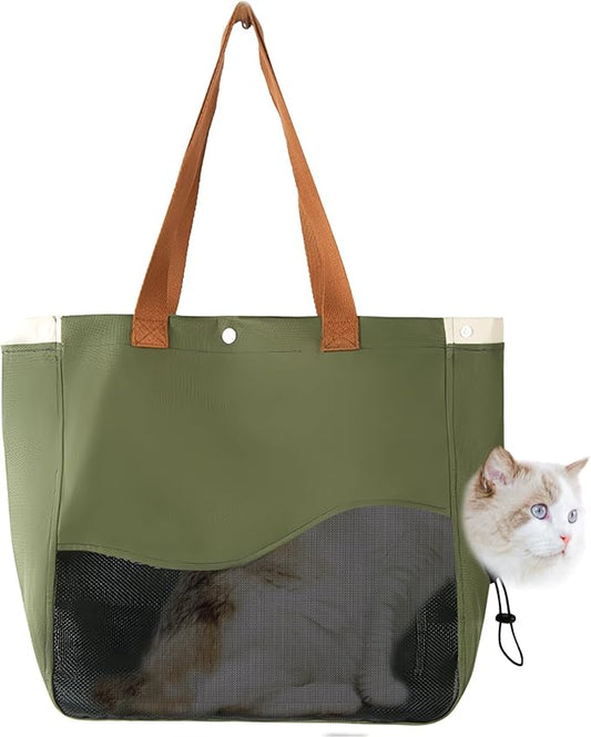 Fhiny Cat Purse Carrier, Small Dog Carrier Tote Breathable Mesh Pet Carrier Bag Soft Sided Adjustable & Foldable Kitten Travel Bag for Cats Kittens Rabbits Small Dogs Shopping Travel (Green)