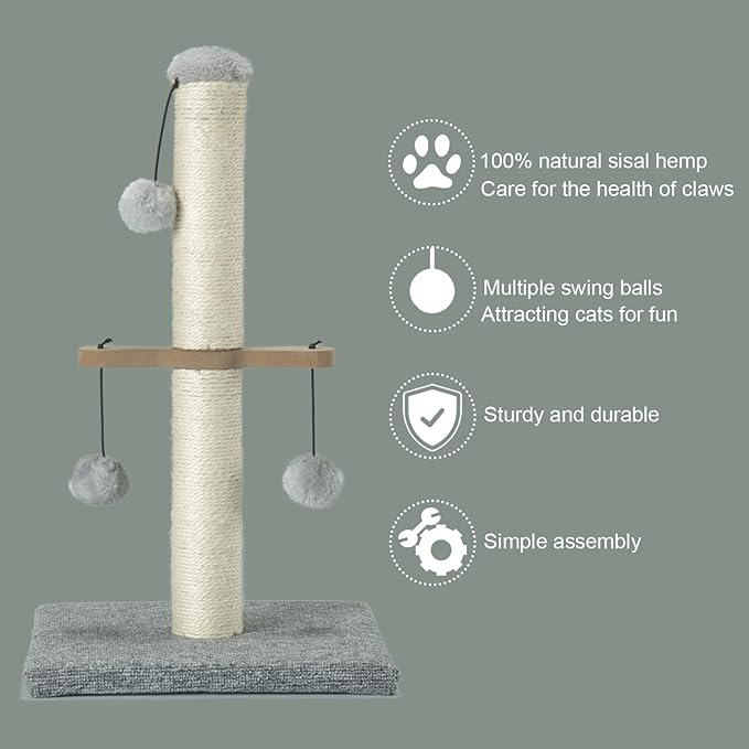 Cat Scratching Post,Small Scratch Post for Indoor Kittens and Small Size Cats,with Hanging Ball Toys,21inches,Grey