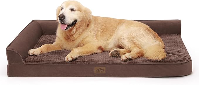 Orthopedic Dog Beds for Extra Large Dogs, Waterproof Memory Foam XXL Dog Bed with Sides, Non-Slip Bottom and Egg-Crate Foam Big Dog Couch Bed with Washable Removable Cover, Brown (L-Shaped)