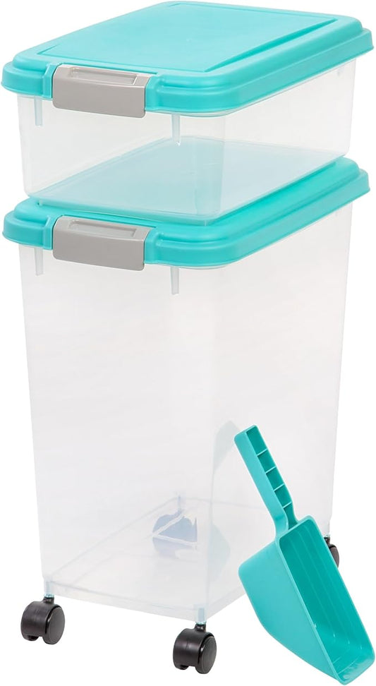 IRIS USA 30 lbs & 11 lbs Combo Airtight Dog Food Storage Container, Stackable Treat Box, 2-Cup Scoop, Wheels, Keep Fresh, Easy Mobility, Seafoam Blue