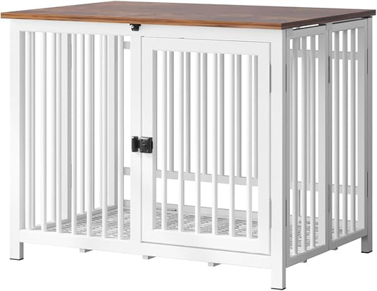 Heavy Duty Dog Crate Furniture, Fully Assembled exc. Locks, All Metal Frame & Wooden Tabletop, Modern Kennel for Small Dog, End Table, Sturdy, Foldable, White/Rustic Brown