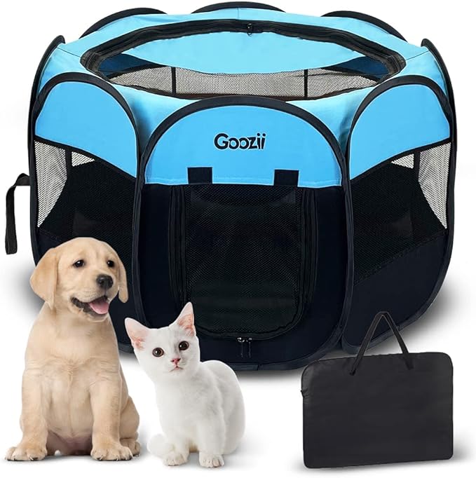 Portable Dog Playpen Indoor Outdoor, Collapsible Pet Dog Playpen with Zipper Top Cover, Cat Puppy Bunny Kitten Exercise Play Pen Tent for Beach RV Car (Medium Size,Black Blue)