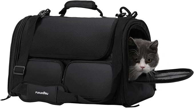 FUKUMARU Cat Carrier, 4 Mesh Windows Small Dog Carrier, 4 Storage Pockets Cat Travel Bag, Under 15 lb Airline Approved Pet Carrier, Rollable Cover for Nervous Cats, Black