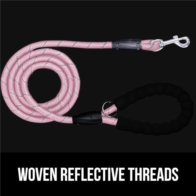 Gorilla Grip Heavy Duty Dog Leash, Soft Handle, Strong Reflective Rope for Night Pet Walking, Small Medium Large Animals, Durable Puppy Training Leashes, Rotating Metal Clip, Waste Bag Dispenser, Pink