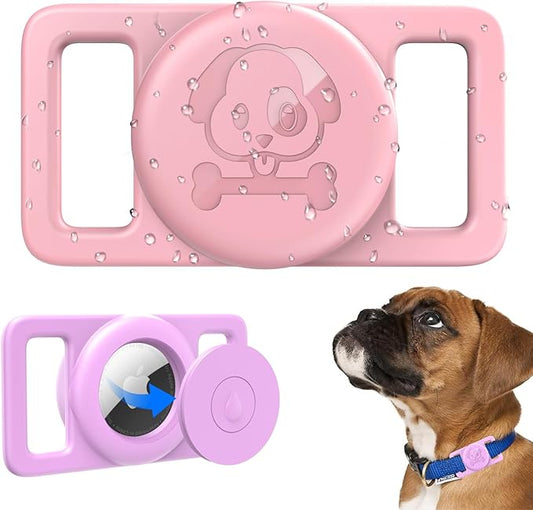 Airtag Dog Collar Holder Waterproof [2 Pack] Silicone Full Body Covered Ultra-Durable Lightweight Case Anti-Lost Protective Apple Air Tag Holder for Pet Dogs & Cats Collars (Pink & Purple)