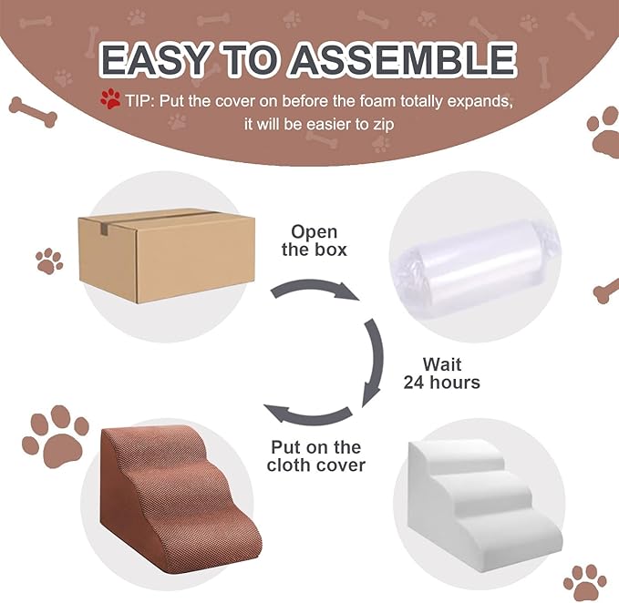 Dog Stairs Ramps for Small Medium Dogs to Beds and Couches Up to 18'', Dog Steps with Sturdy High-Density Foam, Pet Stairs with Non-Slip Bottom for Puppy and Cats, with Hair Remover Roller, Brown