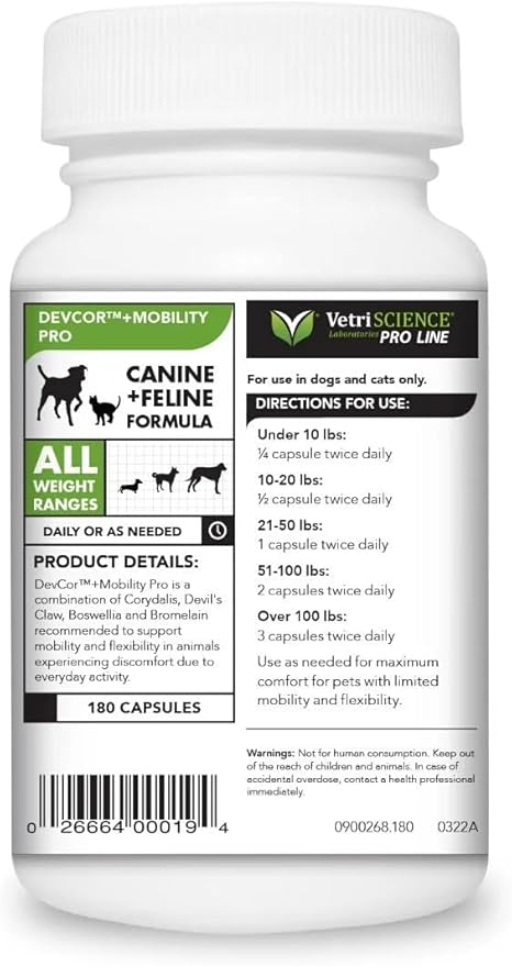 VETRISCIENCE Pro DevCor + Mobility Pro Supplement - Dog+ Cat, 180 Capsules