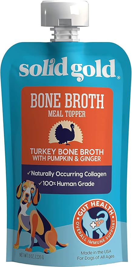 Solid Gold Turkey Bone Broth for Dogs - Grain Free Dog Food Topper Rich in Collagen and Superfoods - Nutrient Dense Dog Gravy Topper for Dry Food - Promotes Gut Health and Hydration - 12 Pack