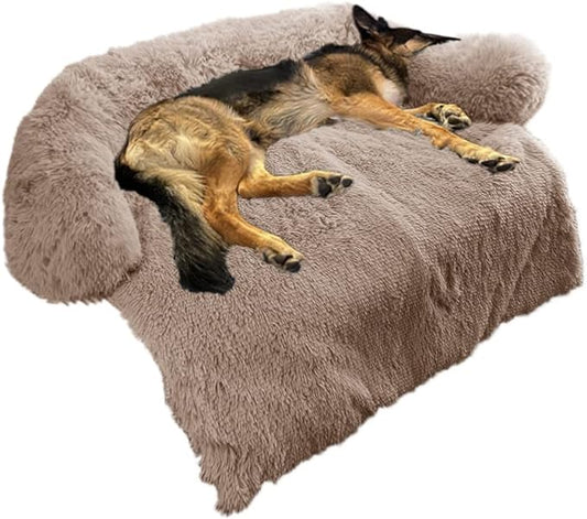 Calming Dog Bed Fluffy Plush Dog Mat for Furniture Protector with Removable Washable Cover for Large Medium Small Dogs and Cats (Large(45x37x6), Light Brown)