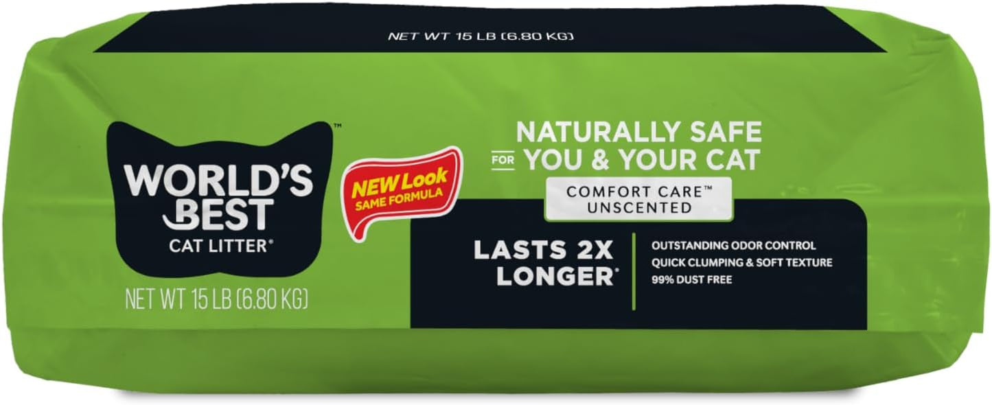 WORLD'S BEST CAT LITTER Comfort Care Unscented 15-Pounds - Natural Ingredients, Quick Clumping, Flushable, 99% Dust Free & Made in USA - Long-Lasting Odor Control & Easy Scooping