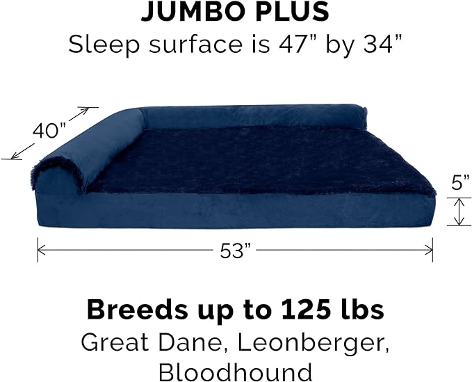 Furhaven Memory Foam Dog Bed for Large Dogs w/ Removable Bolsters & Washable Cover, For Dogs Up to 125 lbs - Plush & Velvet L Shaped Chaise - Deep Sapphire, Jumbo Plus/XXL