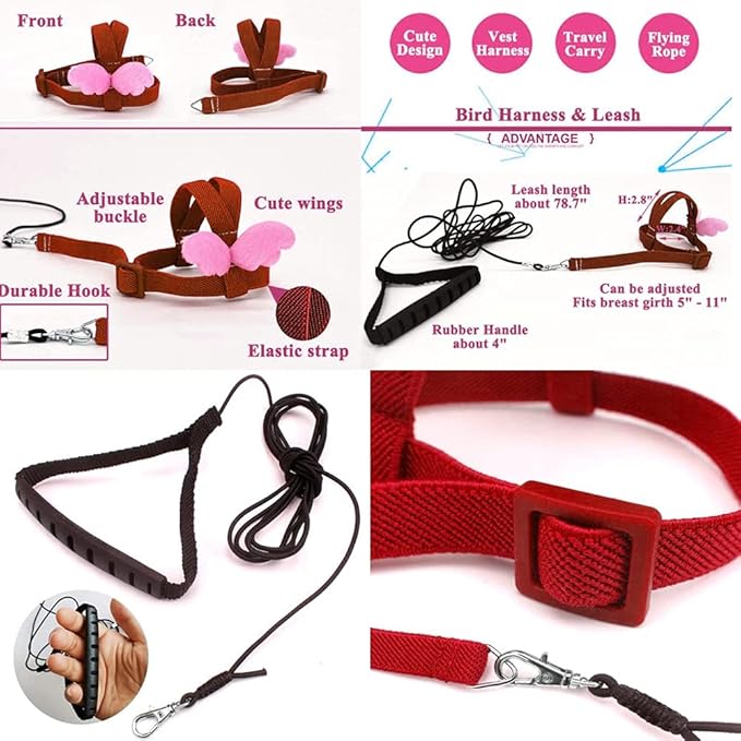 Birds Adjustable Harness and Leash, Parrot Outdoor Flying Training Traction Rope Straps with Cute Wing for Small Animal Birds, Parrots, Pigeons, Lizard, Turtles (XL,Red)