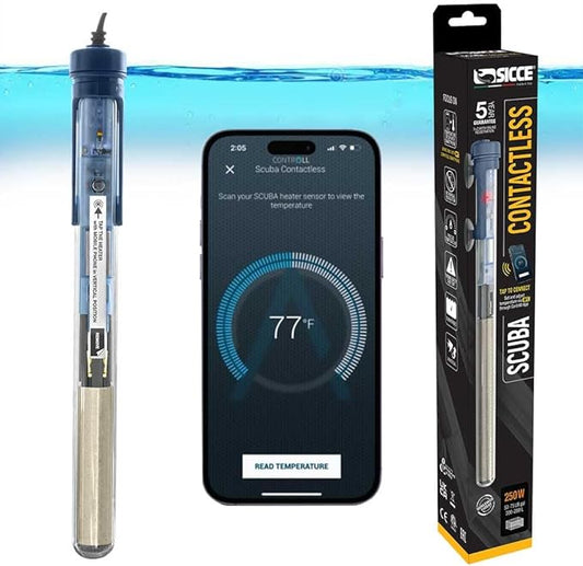 Sicce Scuba 250 Watt Aquarium Fish Tank Heater Smartphone Controlled via NFC Contactless App Adjustable | 250W Submersible for Marine Saltwater and Freshwater | Run Dry Protection