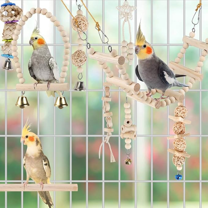 Bird Parrot Swing Toys, Chewing Standing Hanging Perch Hammock Climbing Ladder Bird Cage Toys for Budgerigar, Parakeet, Conure, Cockatiel, Mynah, Love Birds, Finches and Other Small to Medium Birds