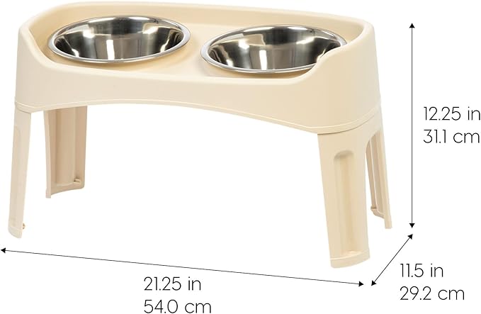 IRIS USA Elevated Dog Bowls, Adjustable Height, 2 Thick 64 oz Stainless Steel Bowls, Spill-Proof with Raised Outer Rim, Durable Made in USA Plastic, Easy Assemble, 2 Heights 4.63" or 12.25" Almond