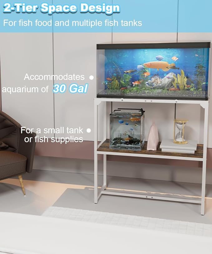 30 Gallon Fish Tank Stand, Upgraded Height Aquarium Stand Table with 2 Tiers Storage Shelf, Metal Reptile Breeder Turtle Terrarium Stand Rack for Home Office, 30" L x 12" W x 32.2" H, 660 LBS Capacity, White