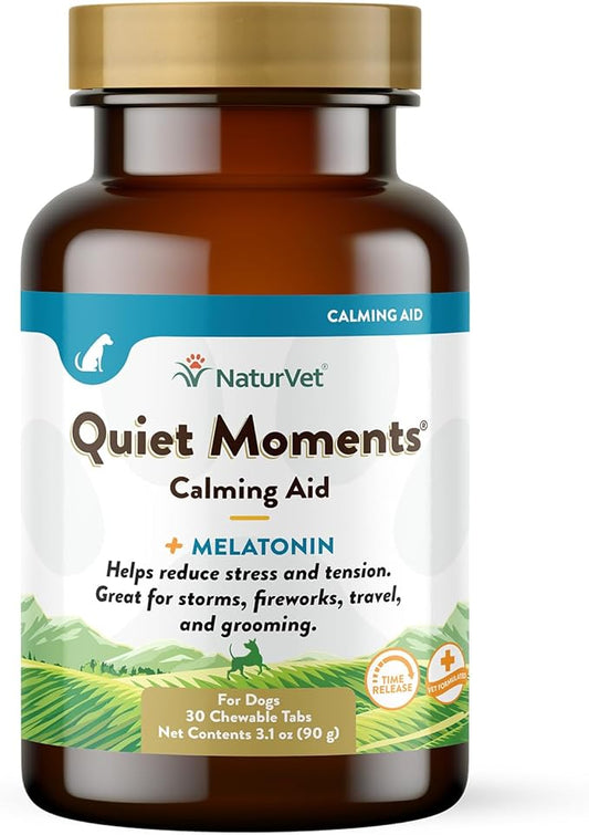 NaturVet Quiet Moments Calming Aid Melatonin Dog Supplement – Helps Reduce Stress in Dogs – for Pet Storm Anxiety, Motion Sickness, Grooming, Separation, Travel – 30 Ct. Tablets