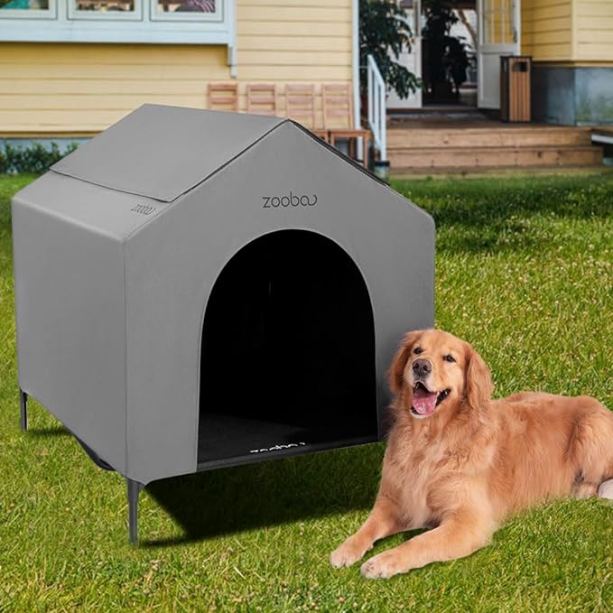 42” Outdoor Dog House for Large Breeds, Durable Large Dog Shelter with Weatherproof 600D PVC Canopy, Breathable 2x1 Textilene Fabric Elevated Dog Bed, XL Dog Kennel for Outside Use