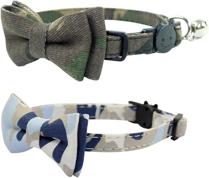 Cat Collar Breakaway with Bell and Bow Tie, Plaid Design Adjustable Safety Kitty Kitten Collars(6.8-10.8in) (Camouflage 2&3)