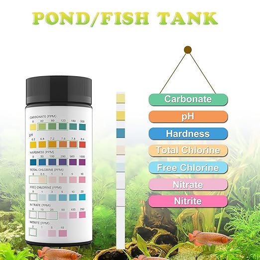 7-in-1 Aquarium Test Strips - 50 Strips Fish Tank and Pond Water Quality Test Kit for Carbonate, pH, Hardness, Chlorine, Alkalinity, Nitrite and Nitrate - Freshwater and Saltwater Testing